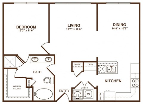 Floor plan for 1 bed, 1 bath, 917 sqft